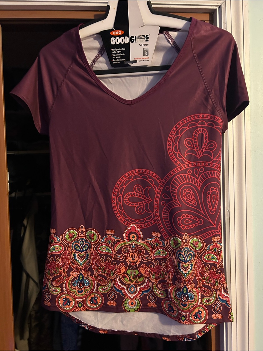 Disney Purple Short Sleeve V-Neck Top with Colorful Paisley Border